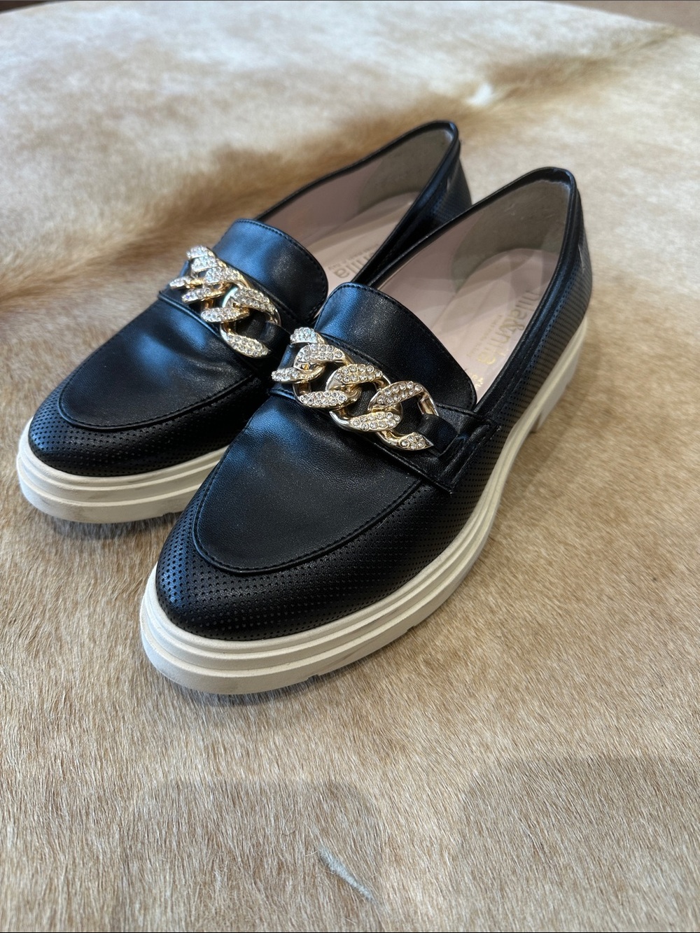 Black Platform Chain-Accent Leather Loafers